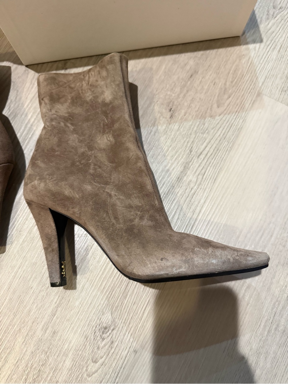 Saint Laurent Taupe Suede Pointed-Toe Mid-Heel Ankle Boots - Picture 6 of 8